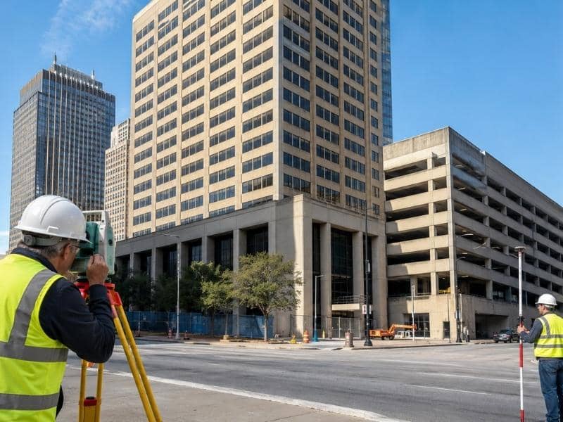 ALTA Survey site review for an office tower conversion in Dallas Texas showing access, parking, and surrounding property features
