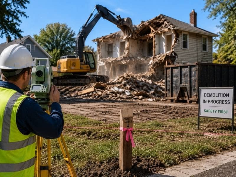 Land surveyor documenting a property corner before an old home is demolished for residential redevelopment