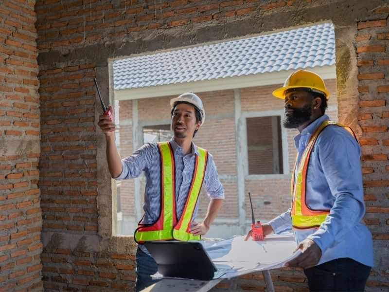 Construction team reviewing plans inside a compact housing build before layout and finishing work continue