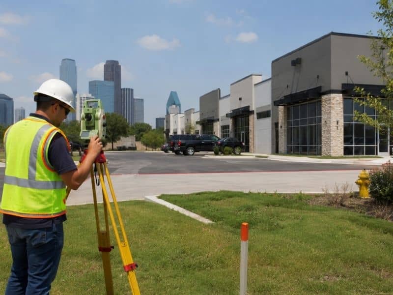Land surveyor verifying boundaries and easements on a developed Dallas commercial property before replatting.