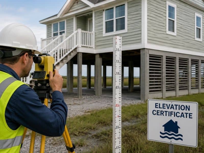 Land surveyor recording elevation certificate measurements beside a raised home planned for floodplain development.
