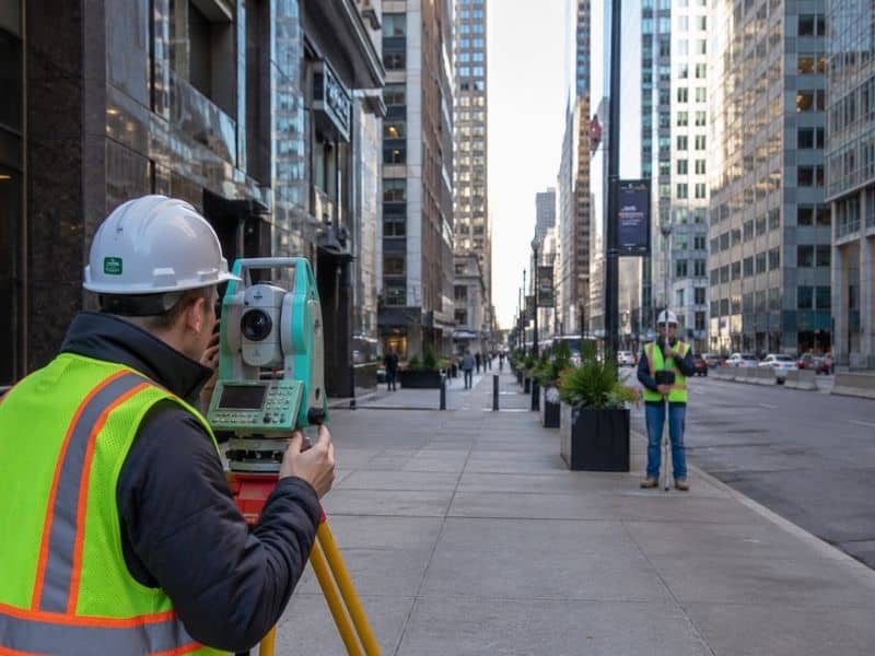 Survey crew using a robotic total station between tall commercial buildings where GNSS signals may be obstructed.