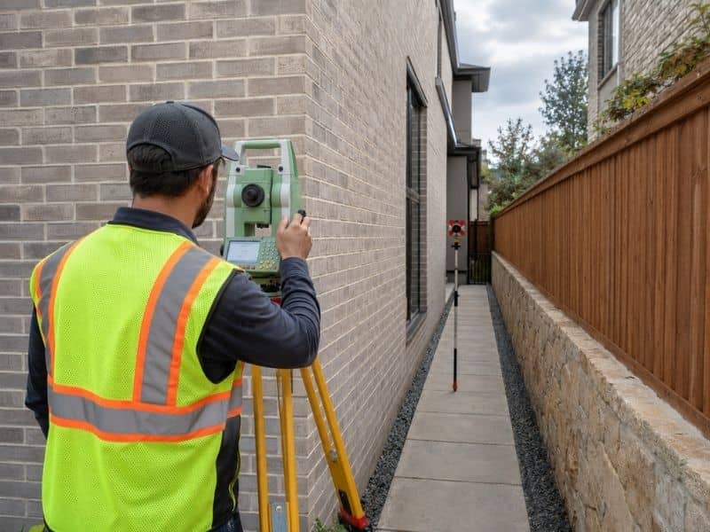 Boundary surveying of a narrow side yard beside a zero lot line home in Dallas Texas