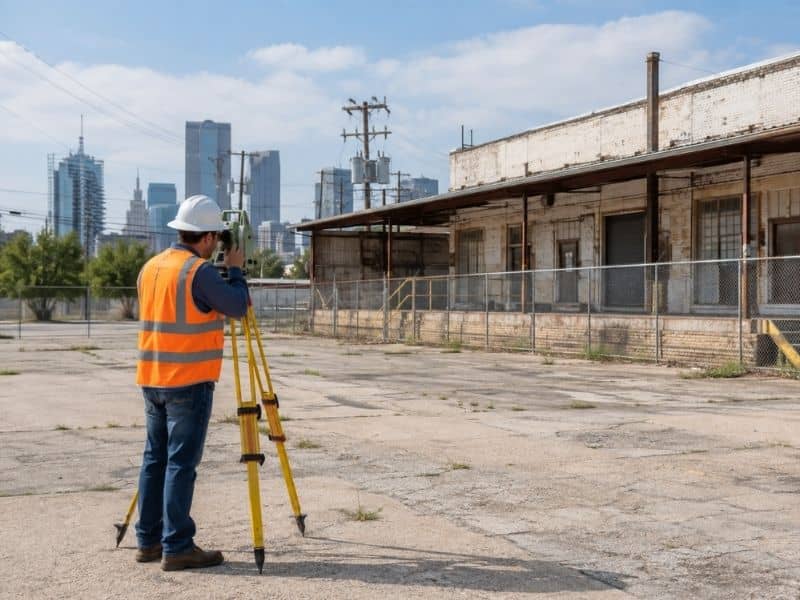 Land Title Survey being performed at a former industrial property in Dallas Texas