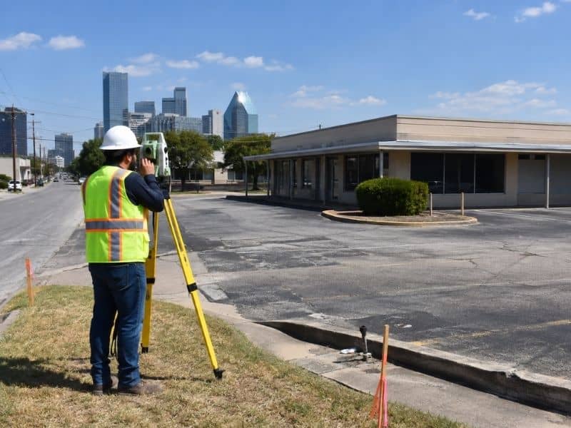 Rezoning Survey for a mixed-use redevelopment site with existing buildings and parking areas in Dallas Texas